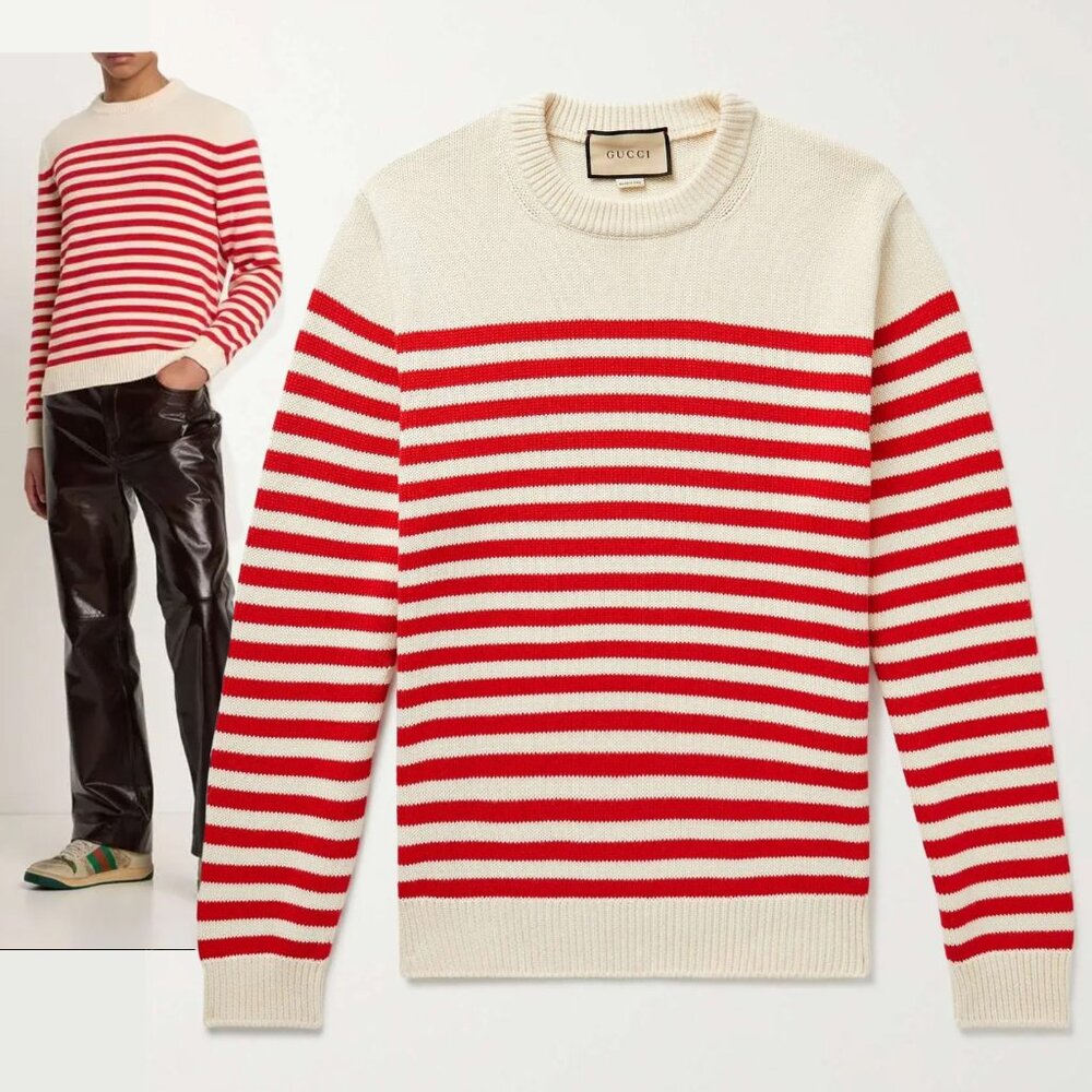 GUCCI SWEATER MENS STRIPED COTTON WOOL BLEND SIGNATURE LOGO sz L LARGE